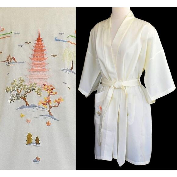 Vintage 80s Embroidered Rayon Blend Wrap Robe, Knee Length, New with Tags, NWT - Picture 1 of 10